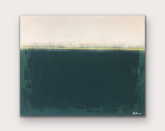 Medium 16”x20” textured mixed media acrylic original abstract painting on stretched canvas — green, yellow, beige