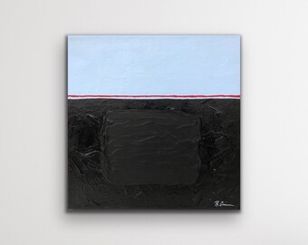 Small 10”x10” abstract acrylic painting on stretched canvas — blue, black, red