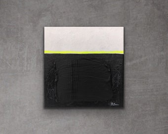 Small 8”x8” original mixed media acrylic painting on gallery wrapped stretched canvas — black, white, fluorescent yellow