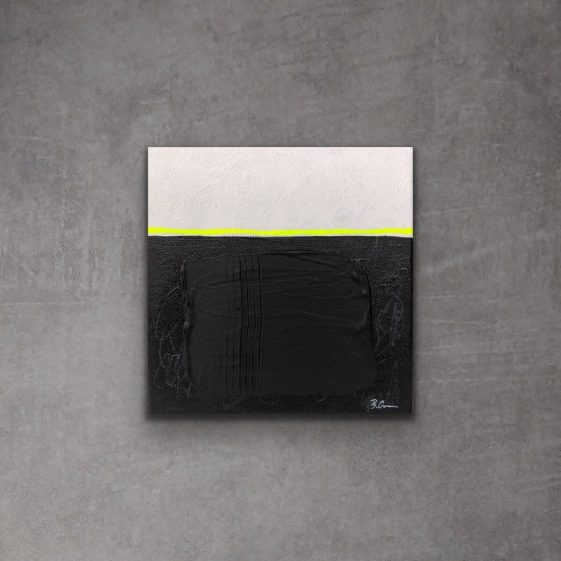 fluorescent yellow white Small 8\u201dx8\u201d original mixed media acrylic painting on gallery wrapped stretched canvas \u2014 black