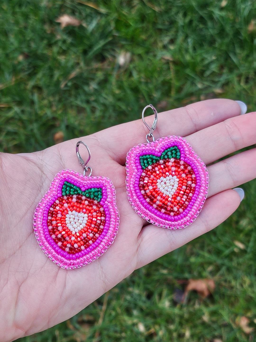 BEADED STRAWBERRY EARRINGS Mohawk Native Made Beadworkbeaded Fringe