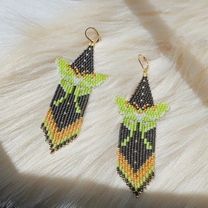 LUNA MOTH EARRINGS| Mohawk Native made beadwork| Landscape fringe earring| native| Indigenous owned|beaded earrings| native|authentic|