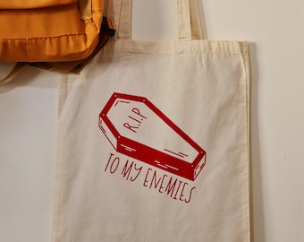 R.I.P TO MY ENEMIES | Natural Cotton Bag | Iron On Vinyl | Coffin Tote Bag | Gift For Her | Gift For Friends | Spooky Season | Halloween Bag