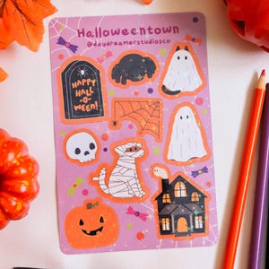 HALLOWEENTOWN Vinyl Sticker Sheet | Glossy Holographic Kiss Cut Sticker Sheet | Journaling Stickers | Halloween Stickers | Spooky Stickers