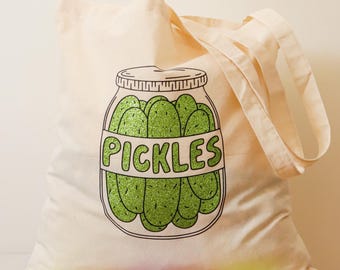 Pickles Tote Bag | Natural Cotton Tote Bag | Glitter Iron On Vinyl | Picnic Tote Bag | Gift For Pickle Lovers | Gift For Friends