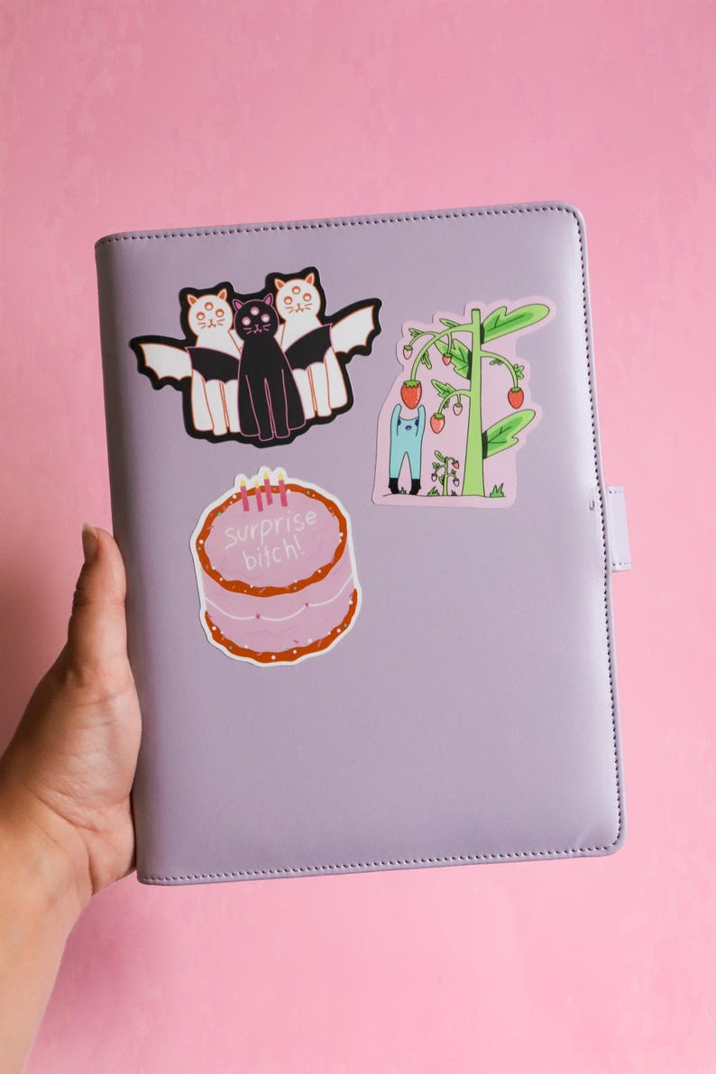 May include: A lilac-colored planner adorned with stickers. The stickers include a cake with the text "Surprise bitch!", a trio of cats with bat wings, and a cartoon of a person tending a strawberry plant. The background is a solid pink.