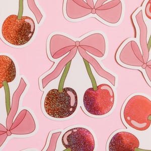 SWEET CHERRIES Vinyl Glitter Sticker | Waterproof Glossy Die Cut | Junk Journal Sticker | Cherry Sticker | Bow Sticker | Valentine Sticker