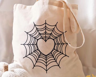 SPIDERWEB HEART Tote Bag | Natural Cotton Tote Bag | Iron On Vinyl | Halloween Tote Bag | Spooky Tote Bag | Spooky Season | Gift For Friends