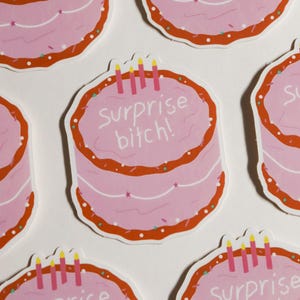 Autocollant en vinyle pour gâteau d'anniversaire SURPRISE BITCH | Découpe brillante imperméable | Cadeau d'anniversaire | Cadeau pour amis | Gâteau d'anniversaire | Journal indésirable
