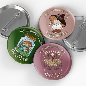 Pronoun Pin | Custom Pronoun Button Badge | Cottagecore Pronouns Pin Button | Pronoun Button Badge 1 inch/25mm & other sizes