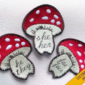 Mushroom Patch | Cottagecore Pronoun Patches | Custom Embroidered Iron On Pronouns Patch | Personalised Patches