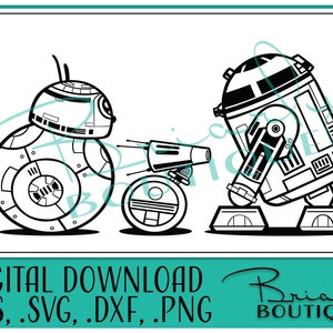 Puede incluir: Ilustración en blanco y negro de línea de arte de tres droides de Star Wars: BB-8, R2-D2 y un droide más pequeño con un arma. Los droides están mirando hacia la derecha. La imagen es una descarga digital.