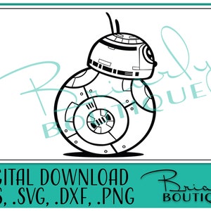 May include: Black and white digital download of a BB-8 droid from Star Wars. The image features a detailed outline of the droid's body, head, and antenna. The text "DIGITAL DOWNLOAD" is at the bottom, along with file type extensions.