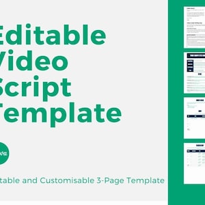 Könnte beinhalten: Editierbare Video-Skript-Vorlage mit drei Seiten. Die Vorlage ist für Canva konzipiert und enthält Abschnitte für das Video-Skript, wichtige Punkte und einen Call to Action.