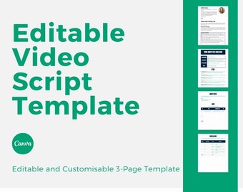 May include: Editable video script template with three pages. The template is designed for Canva and includes sections for video script, key points, and call to action.
