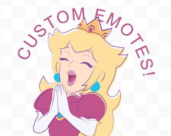 Könnte beinhalten: Cartoon-Illustration einer Prinzessin mit blonden Haaren, einer goldenen Krone und einem rosa Kleid. Die Prinzessin lächelt und hat die Hände vor sich gefaltet. Der Text "CUSTOM EMOTES!" ist über der Prinzessin angeordnet.