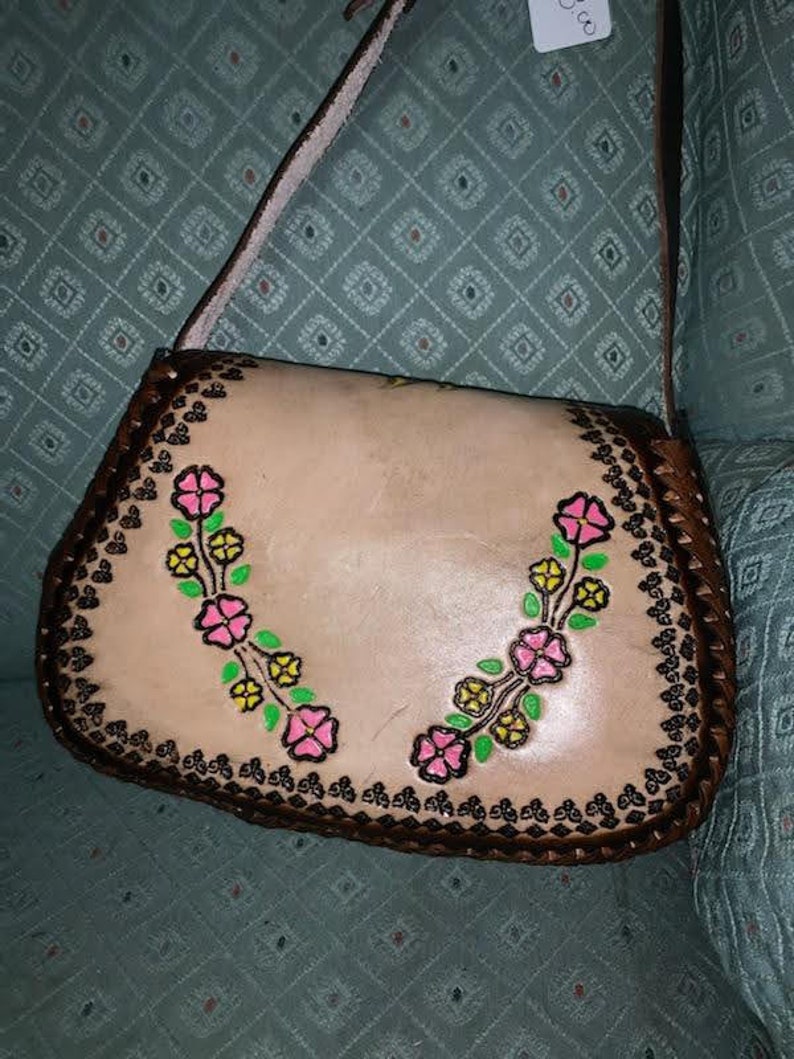 Multi-Colored Floral Light Brown HandTooled Leather Purse