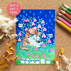 Incontra fiori infelici in una giornata piovosa/regalo/cartolina/regalo/anime per amanti dei gatti e dell'arte