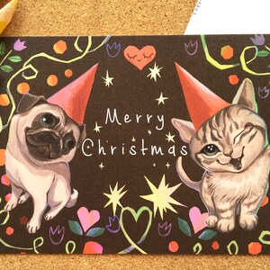 Cartolina di Natale con carlino e gatto/stampa artistica A6