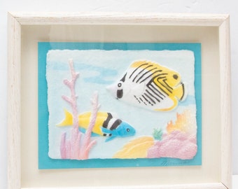 Vgt 90s 3D Nautical Art Tropical Fish Shadow Box Bathroom Beach House Decor 11" Signed