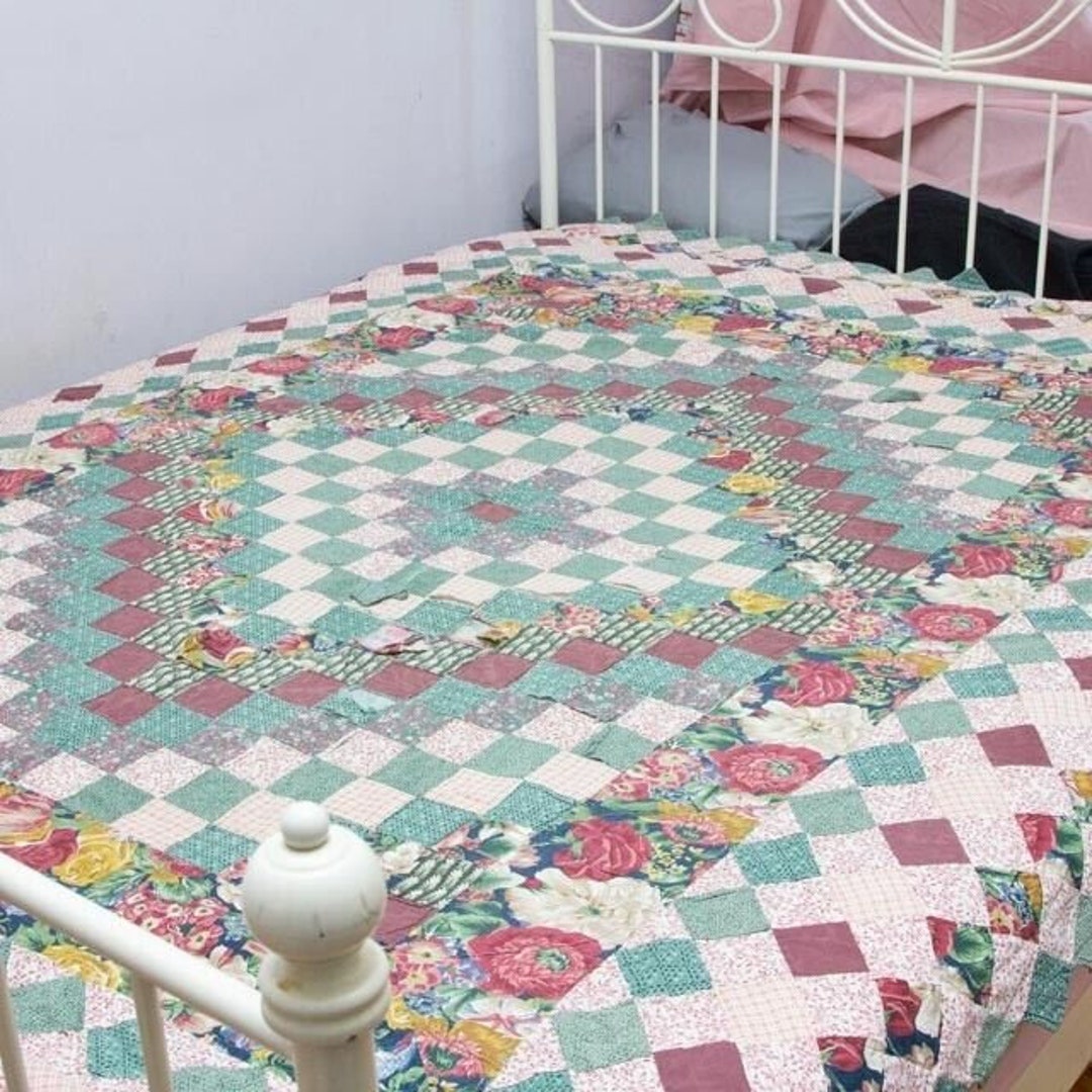 Vintage Hand Stitched Large Quilt Diamond Trip Around the Etsy