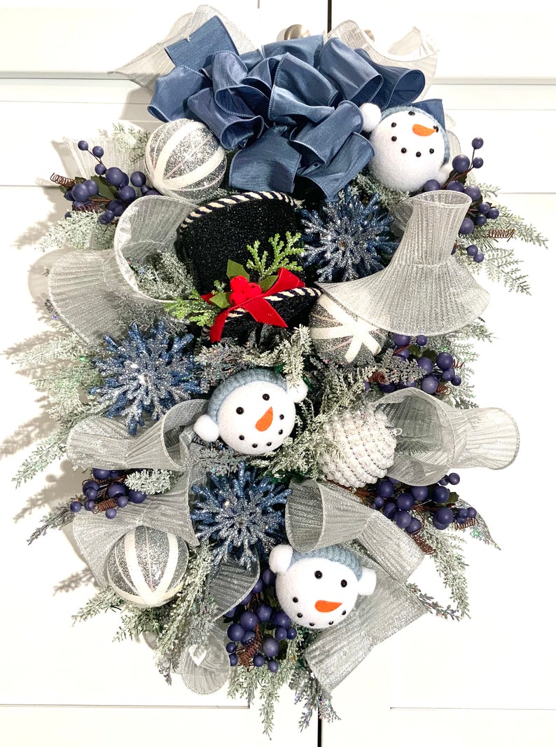 Snowman Wreath Winter Wreath Teardrop Swag Wreath for Door Holiday Wreath Blue Snowman Teardrop Swag Wreath Front Door Wreath
