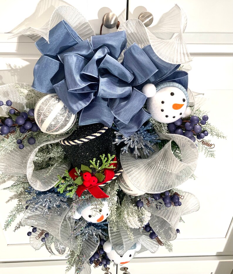 Snowman Wreath Winter Wreath Teardrop Swag Wreath for Door Holiday Wreath Blue Snowman Teardrop Swag Wreath Front Door Wreath