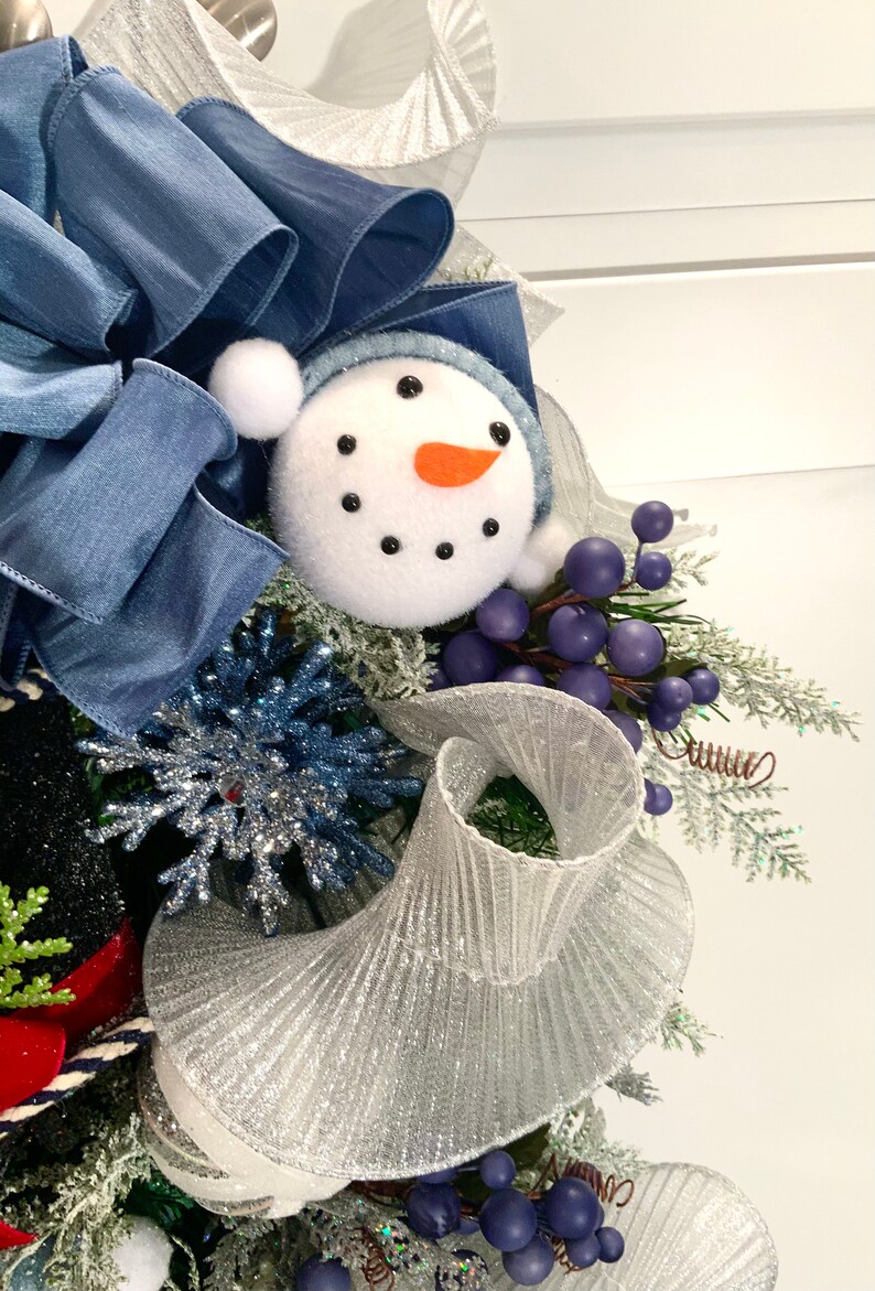 Snowman Wreath Winter Wreath Teardrop Swag Wreath for Door Holiday Wreath Blue Snowman Teardrop Swag Wreath Front Door Wreath