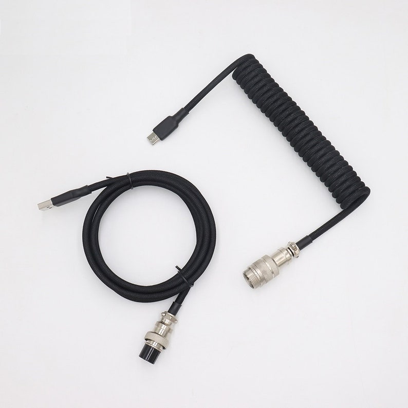 Custom Coiled Aviator USB-C Keyboard Cable with Silver GX16 Aviator Connector ブラック
