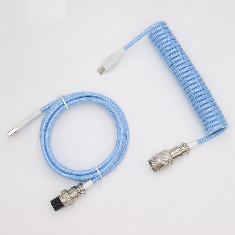 Custom Coiled Aviator USB-C Keyboard Cable with Silver GX16 Aviator Connector Blue