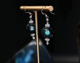 Moonstone Earrings, Moonstone Dangle Earring,  Moss Agate Earrings, Sterling Silver Earrings, Flashy Moonstone, Moonstone Jewelry