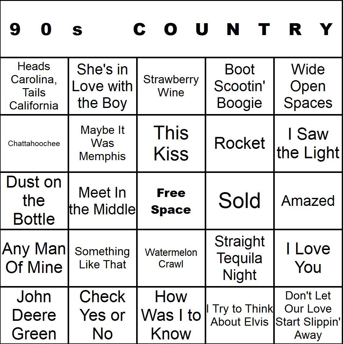 CardTunz 90s Country Music Bingo 100 Cards Digital Immediate Download Spotify and Apple Music Playlist Link Included