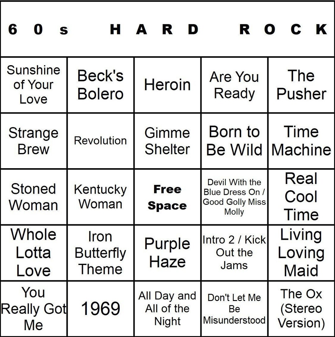 Cardtunz 60s Hard Rock Music Bingo 100 Cards Digital Immediate Download cardtunz-60s-hard-rock-music-bingo-100-cards-digital-immediate-download
