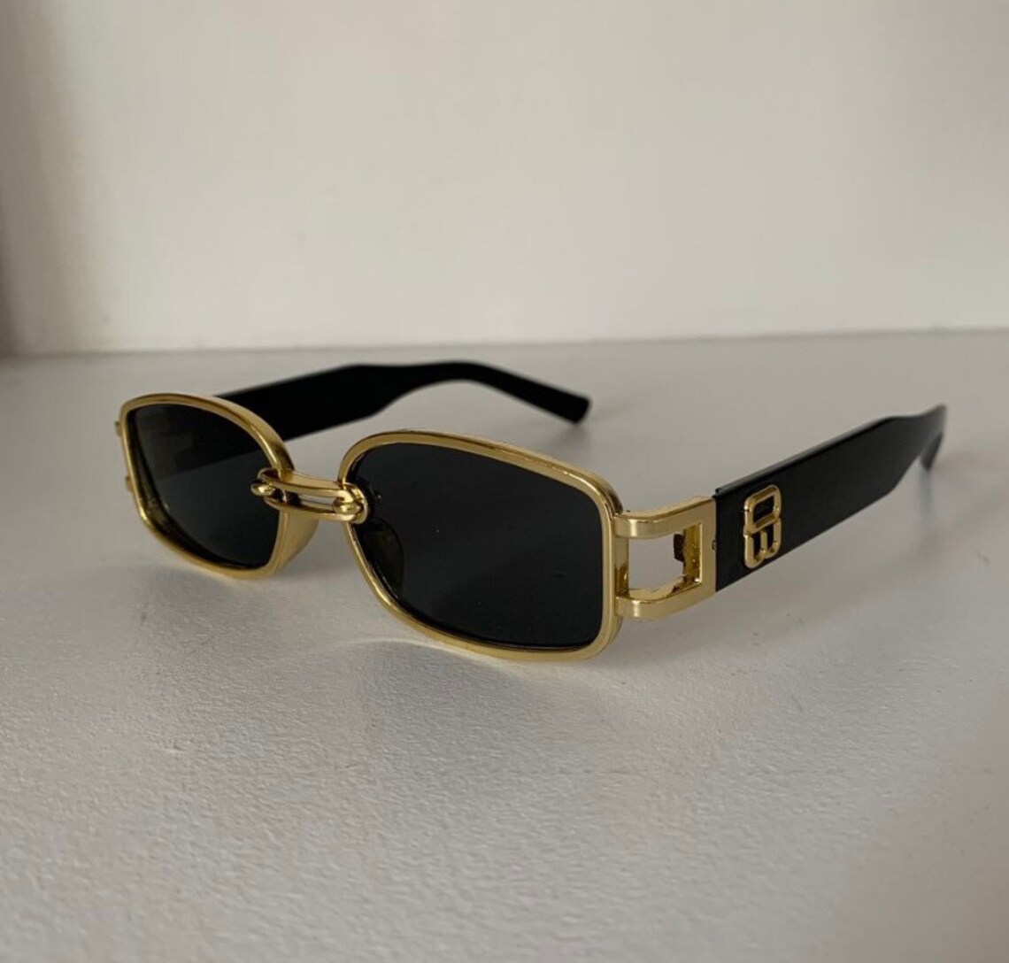 Y2k Black squared shaped sunglasses with gold rimmed with | Etsy