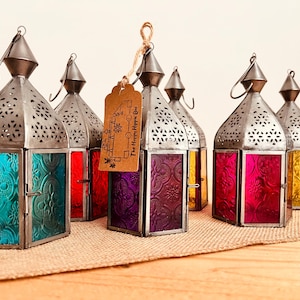 Colourful Handmade Recycled Iron & Glass Lanterns, Beautiful Moroccan Style Lanterns Fair Trade Ethically Sourced