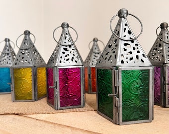 Fair Trade Moroccan Style Iron Embossed Glass Tea Light Holder Lantern, 6 Colours