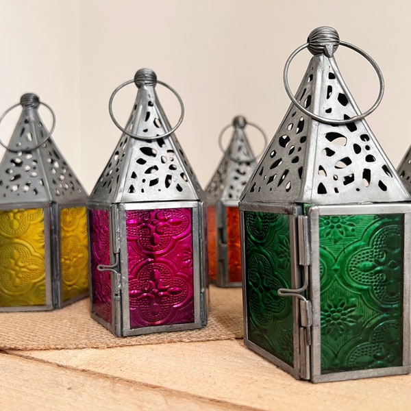 Fair Trade Moroccan Style Iron Embossed Glass Tea Light Holder Lantern, 6 Colours
