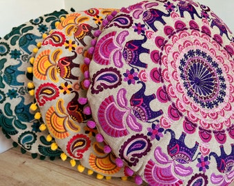 Embroidered Mandala Yoga Cushion, Meditation Floor Cushion, Elephant Design, Handmade & Fairtrade