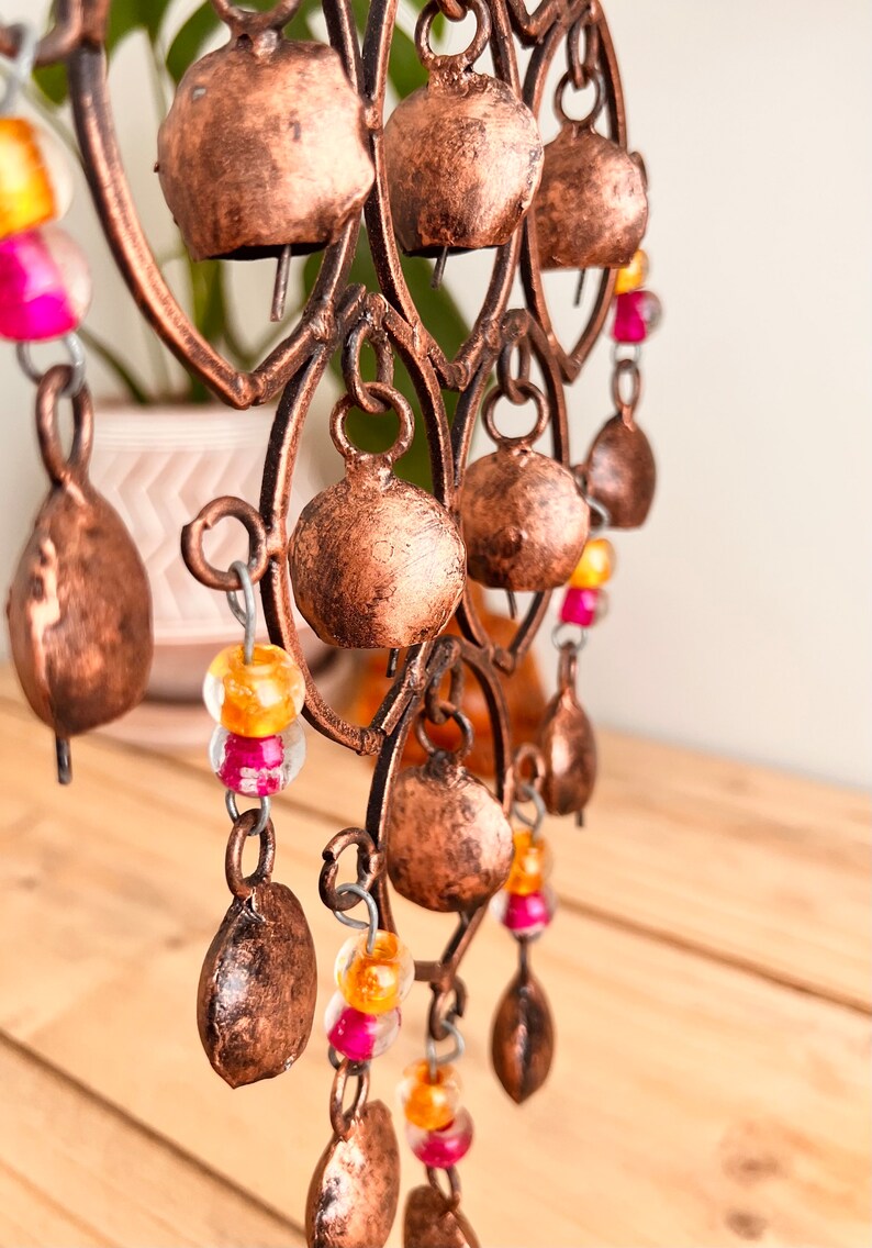 Handmade Indian Brass Bells, Recycled Brass Hanging Bell Windchime, Ethically Sourced & Fair Trade, Rustic Copper Colour with Glass Beads image 7