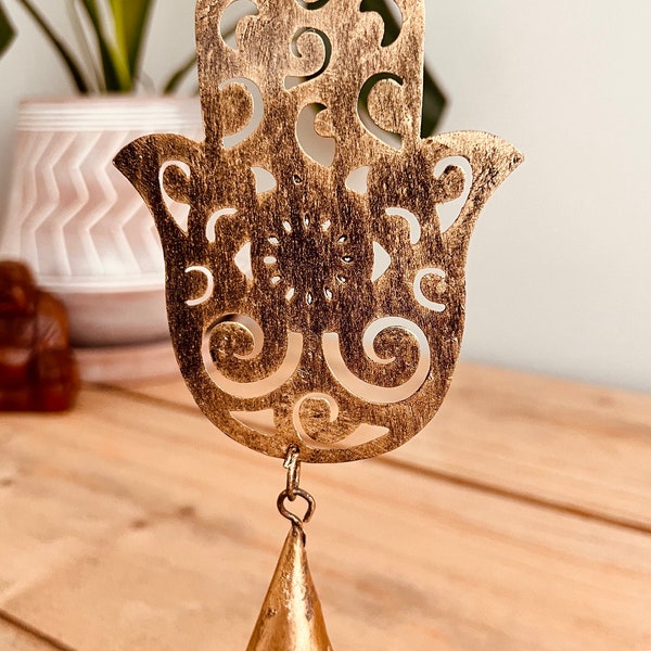 Hamsa Hand Mini Hanging Bell Wind Chime, Boho Chic Rustic Gold Hanging Bells, Small Handmade Hamsa Hand Bell, Handmade, Ethical & Fair Trade