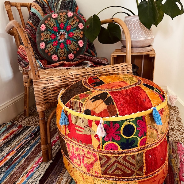 Patchwork Boho Hippie Chic Footstool Pouf, Indian Vintage Chic Large Cushion Pouffe Footstool, Filled Large Footstool Handmade & Fair Trade