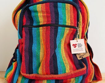 Handgemaakte Fairtrade Rainbow Stripe-rugzak, casual en festivalrugzak, boho-hippietas van ethische oorsprong