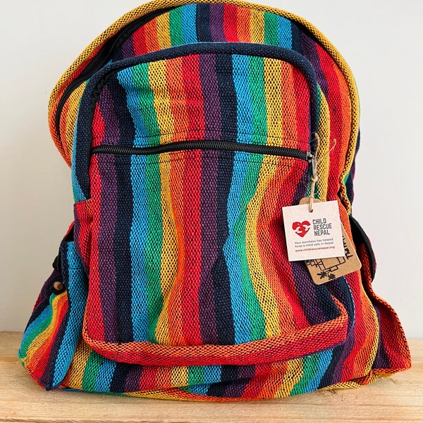 Handmade Fairtrade Rainbow Stripe Backpack, Casual & Festival Backpack, Ethically Sourced Bohemian Hippie Bag