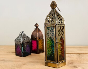 Handmade Recycled Metal & Glass Lanterns, Beautiful Multi Coloured Moroccan Style Lanterns.