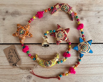 Recycled Sari Moon & Star Hanging Bell Decoration Indian Bells Windchime