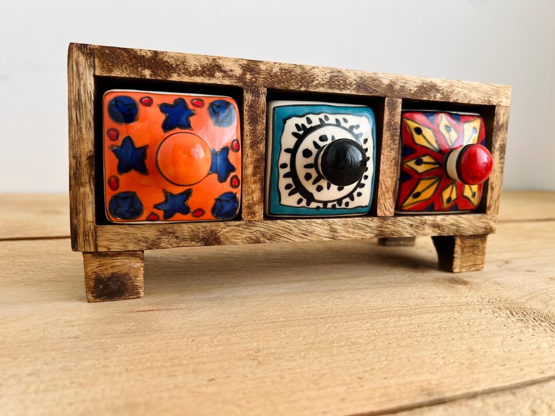 Green - Neem Wood Hand Painted Blue Pottery Ceramic Triple Drawer