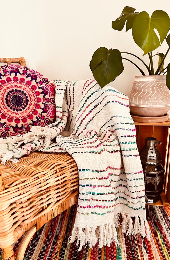 Rainbow Thread Throw Handmade Fair Trade Ethical Hand Loomed