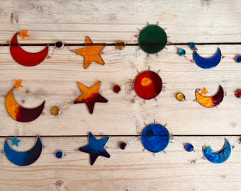 Sun, Moon & Star Hanging Sun Catcher, Long Length Hanging Sun Catcher Decoration in Multicolours, Handmade, Fairtrade Sun Catcher