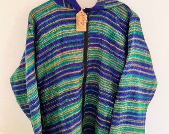 Oversized Blanket Hooded Top Fleece Sweater, Green Blue Striped Soft Lightweight Zip Hippie Boho Hoodie Jumper Top, Fair Trade & Ethical