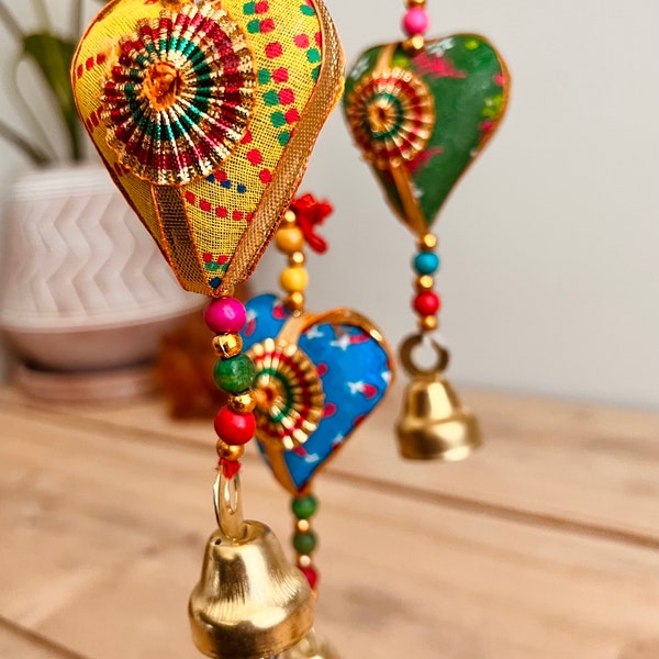 Handmade Recycled Sari Hanging Heart Decoration, Decorative Bell, Boho/Hippie Style Handmade Bells